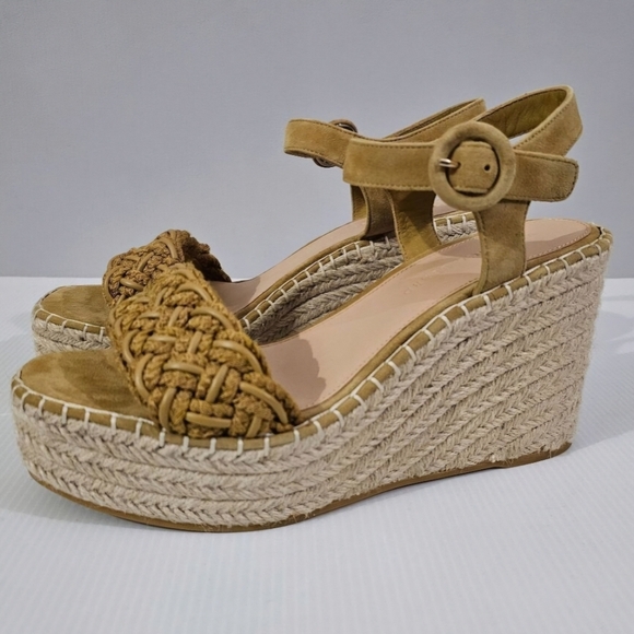NEW Veronica Beard Reema Wedge Women 10 Mustard Leather Woven Sandal Espadrille - Picture 1 of 12